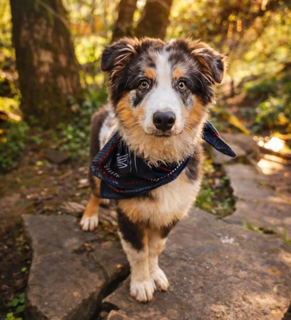 Blue merle Australian Shepherd puppy outdoors wearing a bandana